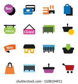 solid vector ixon set - barcode vector, low price signboard, credit card, new, closed, shopping bag, store, mall, basket, cart