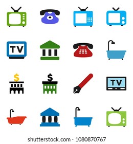 solid vector ixon set - bath vector, pen, bank, building, tv, classic phone