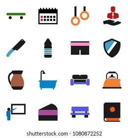 solid vector ixon set - bath vector, kettle, knife, jug, cake, blackboard, calendar, shorts, skateboard, water bottle, gymnast rings, client, shield, bench, cushioned furniture, catalog