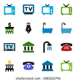 solid vector ixon set - bath vector, pen, bank, building, tv, classic phone