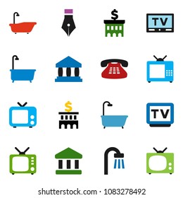 solid vector ixon set - bath vector, pen, bank, building, tv, classic phone