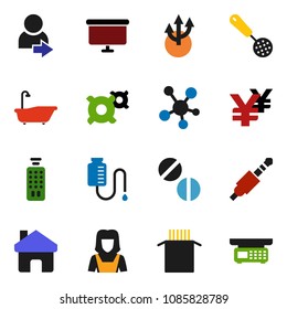 solid vector ixon set - bath vector, cleaner woman, skimmer, pasta, presentation board, any currency, yen sign, remote control, social media, jack, pills, drop counter, home, route arrow, login