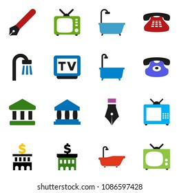 solid vector ixon set - bath vector, pen, bank, building, tv, classic phone