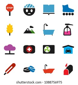 solid vector ixon set - bath vector, liquid soap, cereal, book, roller Skates, first aid kit, thermometer, pills, head bandage, cloud network, stop, mountain, garage, ari condition, mailbox