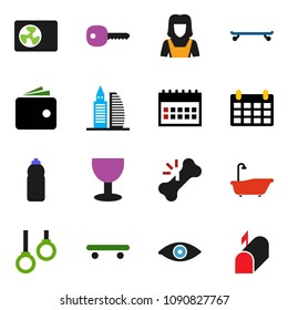 solid vector ixon set - bath vector, cleaner woman, wallet, calendar, skateboard, water bottle, gymnast rings, glass, eye, broken bone, key, office building, ari condition, mailbox
