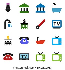solid vector ixon set - bath vector, pen, bank, building, tv, classic phone
