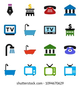 solid vector ixon set - bath vector, pen, bank, building, tv, classic phone