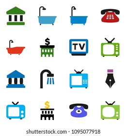 solid vector ixon set - bath vector, pen, bank, building, tv, classic phone