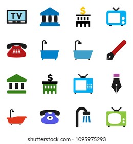 solid vector ixon set - bath vector, pen, bank, building, tv, classic phone