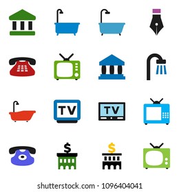 solid vector ixon set - bath vector, pen, bank, building, tv, classic phone