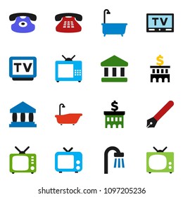 solid vector ixon set - bath vector, pen, bank, building, tv, classic phone