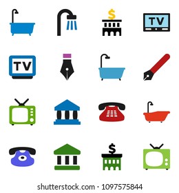 solid vector ixon set - bath vector, pen, bank, building, tv, classic phone