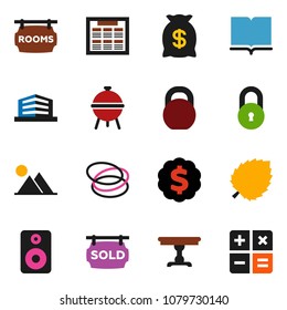 solid vector ixon set - bbq vector, book, schedule, leaf, dollar medal, weight, hoop, speaker, lock, mountain, rooms signboard, sold, office building, table, money bag, calculator