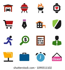 solid vector ixon set - bbq vector, pen, alarm clock, abacus, cart, case, money search, heart monitor, run, client, protected, network folder, cottage, garage, closed