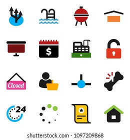 solid vector ixon set - bbq vector, certificate, presentation board, dollar calendar, pool, dry cargo, broken bone, connect, loading, route arrow, unlock, closed, 24 hour, customer, cashbox, home