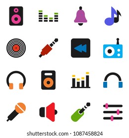 solid vector ixon set - bell vector, music, disk, microphone, radio, speaker, equalizer, headphones, backward button, jack