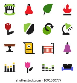 solid vector ixon set - bell vector, table lamp, certificate, leaf, tulip, protected, flammable, equalizer, redo, crib, cushioned furniture