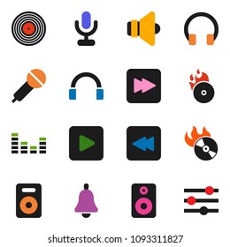 solid vector ixon set - bell vector, disk, music hit, microphone, speaker, equalizer, headphones, play button, forward, backward