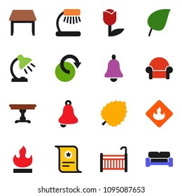 solid vector ixon set - bell vector, table lamp, certificate, leaf, tulip, flammable, redo, crib, cushioned furniture