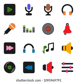 solid vector ixon set - bell vector, music, disk, microphone, speaker, equalizer, headphones, play button, forward, backward