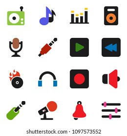 solid vector ixon set - bell vector, music, hit, microphone, radio, speaker, equalizer, headphones, play button, backward, rec, jack