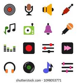 solid vector ixon set - bell vector, music, disk, microphone, radio, speaker, equalizer, headphones, forward button, rec, jack