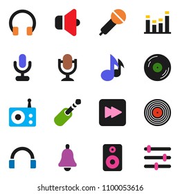solid vector ixon set - bell vector, music, disk, microphone, radio, speaker, equalizer, headphones, forward button, jack