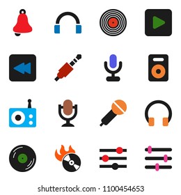 solid vector ixon set - bell vector, disk, music hit, microphone, radio, headphones, speaker, play button, backward, jack, equalizer