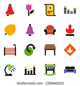 solid vector ixon set - bell vector, table lamp, certificate, leaf, tulip, flammable, equalizer, redo, crib, cushioned furniture