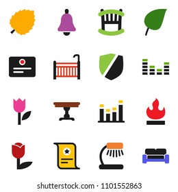 solid vector ixon set - bell vector, table lamp, certificate, leaf, tulip, protected, flammable, equalizer, crib, cushioned furniture