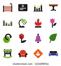 solid vector ixon set - bell vector, table lamp, certificate, leaf, tulip, flammable, equalizer, redo, crib, cushioned furniture