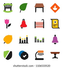 solid vector ixon set - bell vector, table lamp, certificate, leaf, tulip, protected, flammable, equalizer, crib