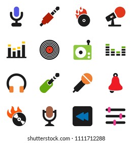 solid vector ixon set - bell vector, disk, music hit, microphone, radio, equalizer, headphones, backward button, jack