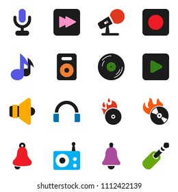 solid vector ixon set - bell vector, music, disk, hit, microphone, radio, speaker, headphones, play button, forward, rec, jack