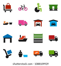 solid vector ixon set - bike vector, ship, sea container, delivery, port, warehouse, Railway carriage, disabled, garage, relocation truck, trolley