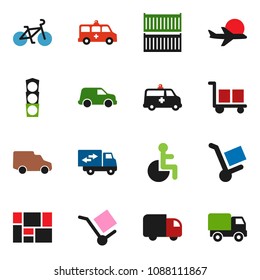 solid vector ixon set - bike vector, plane, traffic light, sea container, car, consolidated cargo, disabled, ambulance, relocation truck, trolley, delivery