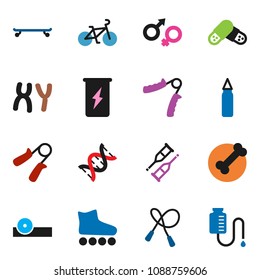 solid vector ixon set - bike vector, jump rope, hand trainer, punching bag, roller Skates, skateboard, enegry drink, bone, gender sign, dna, crutches, pills, eye doctor hat, chromosomes