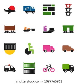 solid vector ixon set - bike vector, Railway carriage, plane, traffic light, ship, sea container, delivery, car, port, consolidated cargo, disabled, amkbulance, relocation truck