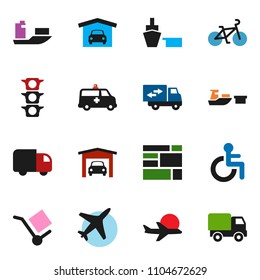 solid vector ixon set - bike vector, plane, traffic light, ship, port, consolidated cargo, disabled, amkbulance car, garage, relocation truck, delivery