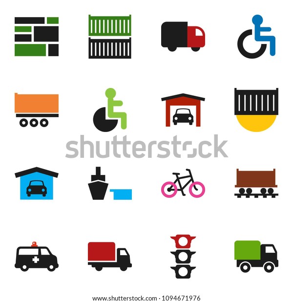 solid vector ixon set -\
bike vector, Railway carriage, traffic light, truck trailer, sea\
container, delivery, port, consolidated cargo, disabled, amkbulance\
car, garage