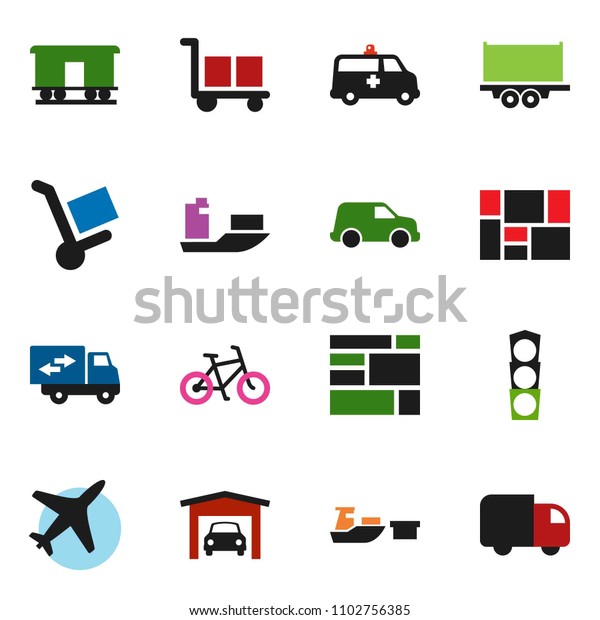 solid\
vector ixon set - bike vector, plane, traffic light, ship, truck\
trailer, car, port, consolidated cargo, Railway carriage,\
amkbulance, garage, relocation, trolley,\
delivery