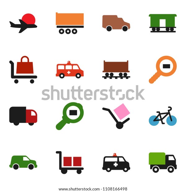 solid vector ixon set - bike vector, Railway\
carriage, plane, truck trailer, car, cargo, search, amkbulance,\
trolley, delivery