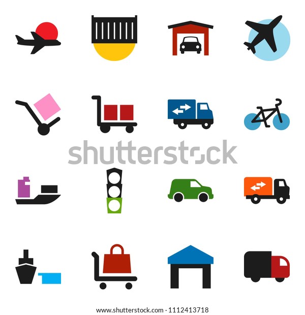 solid vector ixon set - bike vector,\
plane, traffic light, ship, sea container, car, port, cargo,\
warehouse, garage, relocation truck, trolley,\
delivery