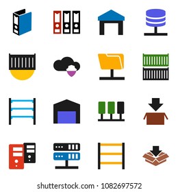 solid vector ixon set - binder vector, sea container, warehouse, shelving, server, network folder, cloud shield, barn, package