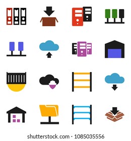 solid vector ixon set - binder vector, sea container, warehouse, shelving, server, network folder, cloud shield, upload, download, barn, package