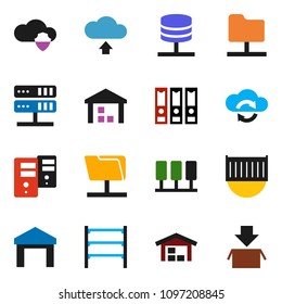 solid vector ixon set - binder vector, sea container, warehouse, shelving, server, network folder, cloud shield, exchange, upload, barn, package