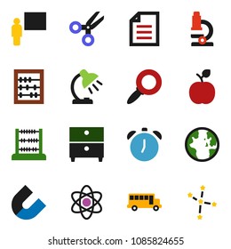 solid vector ixon set - blackboard vector, apple fruit, atom, microscope, table lamp, alarm clock, magnet, scissors, school bus, abacus, world, document, archive, magnifier, constellation