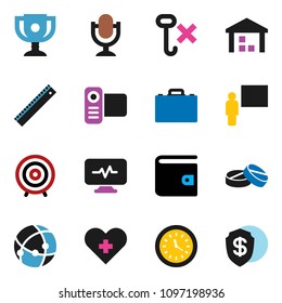 solid vector ixon set - blackboard vector, ruler, case, award cup, wallet, target, clock, no hook, warehouse, video camera, microphone, heart cross, pills, diagnostic monitor, connection