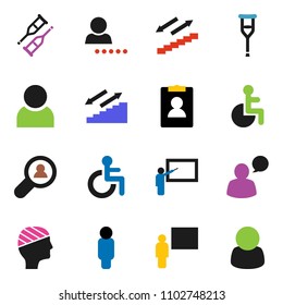 solid vector ixon set - blackboard vector, man, personal information, stairways run, speaking, disabled, crutches, head bandage, user, login, client search, customer
