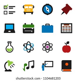 solid vector ixon set - blackboard vector, case, backpack, apple fruit, atom, table lamp, notebook pc, schedule, paper pin, compass, school bus, music, flask, exam, catalog